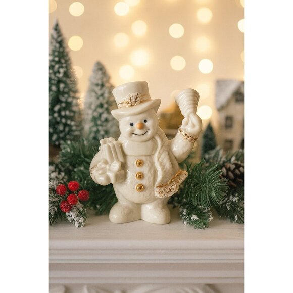 Lenox Porcelain Snowman Figurine Top Hat Gift Horn 24K Gold Accents Christmas - Picture 1 of 8